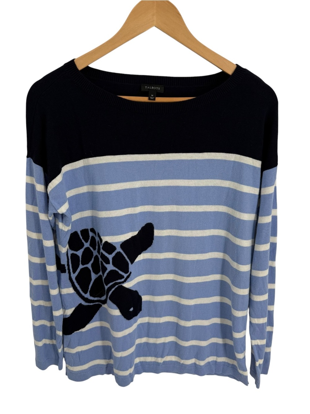 Talbots Blue White Stripes Knit Sea Turtle Pullover Sweater Womens Size M